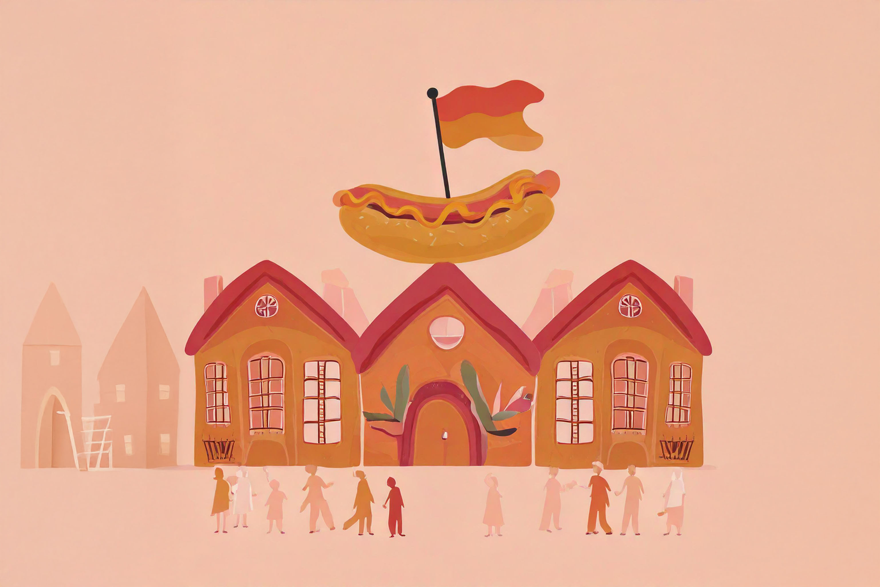 Imbiss-Haus mit Gästen vor der Tür abstrakt